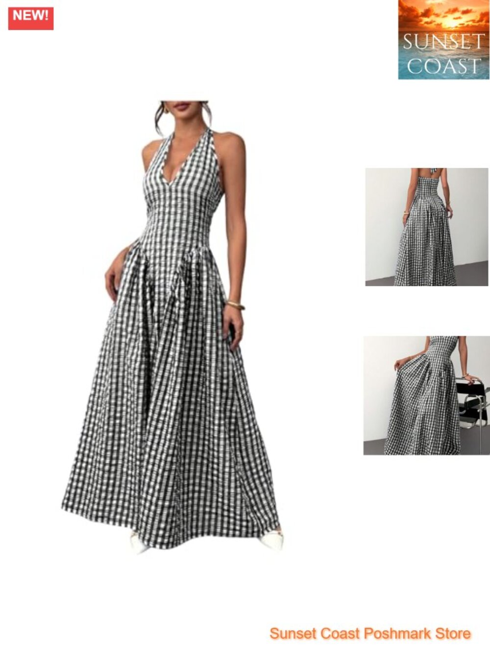 Women's Plaid Halter Maxi Dress Sleeveless Ruffle Ruched High Waist